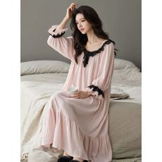 批发【卡尔】云朵棉带胸垫蕾丝花边睡衣女春秋冬季长裙家居服套装外穿