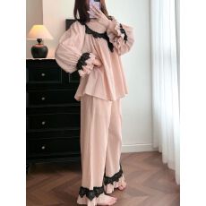 批发卡尔】云朵棉带胸垫蕾丝花边睡衣女春秋冬季长袖裤家居服套装外穿