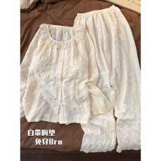 批发卡尔带胸垫万年格<b class='q'>长袖</b>长<b class='q'>裤</b>睡衣女秋冬卡通可外穿家居服