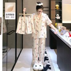 批发【小满】带胸垫云朵棉三件套<b class='q'>贝壳</b>领开衫少女卡通家居服套装可外穿