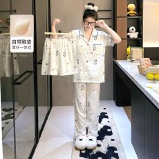 批发【小满】带胸垫云朵棉三件套<b class='q'>贝壳</b>领开衫少女卡通家居服套装可外穿