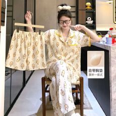 批发【小满】带胸垫云朵棉三件套<b class='q'>贝壳</b>领开衫少女卡通家居服套装可外穿