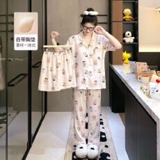 批发【小满】带胸垫云朵棉三件套贝壳领开衫少女卡通家居服套装可外穿