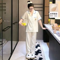 批发【小满】带胸垫云朵棉三件套<b class='q'>贝壳</b>领开衫少女卡通家居服套装可外穿