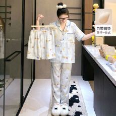 批发【小满】带胸垫云朵棉三件套<b class='q'>贝壳</b>领开衫少女卡通家居服套装可外穿