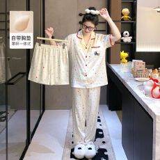 批发【小满】带胸垫云朵棉三件套<b class='q'>贝壳</b>领开衫少女卡通家居服套装可外穿