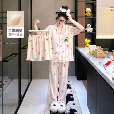 批发【小满】带胸垫云朵棉三件套<b class='q'>贝壳</b>领开衫少女卡通家居服套装可外穿