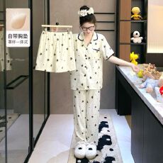 批发【小满】带胸垫云朵棉三件套<b class='q'>贝壳</b>领开衫少女卡通家居服套装可外穿