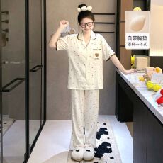 批发【小满】带胸垫云朵棉三件套<b class='q'>贝壳</b>领开衫少女卡通家居服套装可外穿