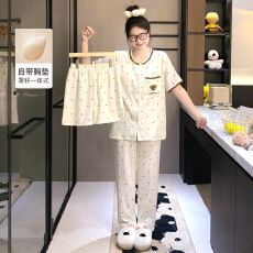 批发【小满】睡衣女夏带胸垫云朵棉三件套<b class='q'>贝壳</b>领少女卡通家居服可外穿