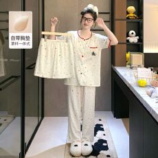 批发【小满】睡衣女夏带胸垫云朵棉三件套<b class='q'>贝壳</b>领少女卡通家居服可外穿