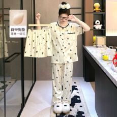 批发【小满】睡衣女夏带胸垫云朵棉三件套<b class='q'>贝壳</b>领少女卡通家居服可外穿