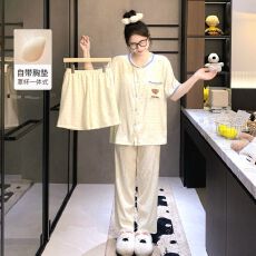 批发【小满】睡衣女夏带胸垫云朵棉三件套<b class='q'>贝壳</b>领少女卡通家居服可外穿