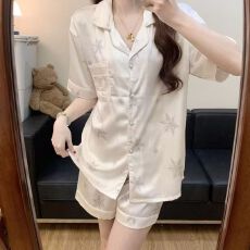 小满烫钻睡衣女夏冰雪丝短袖套装高级感开衫凉感可外穿家居服