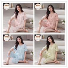 批发【小满】带胸垫睡衣女春夏云朵棉短袖七分裤家居服套装休闲可外穿