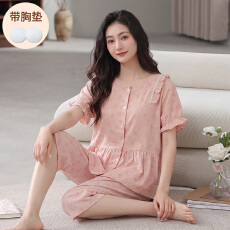 批发【小满】带胸垫睡衣女春夏云朵棉短袖七分裤家居服套装休闲可外穿