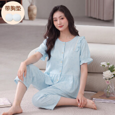 批发【小满】带胸垫睡衣女春夏云朵棉短袖七分裤家居服套装休闲可外穿