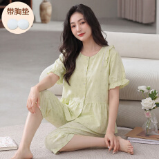 批发【小满】带胸垫睡衣女春夏云朵棉短袖七分裤家居服套装休闲可外穿