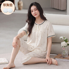 批发【小满】带胸垫睡衣女春夏云朵棉短袖七分裤家居服套装休闲可外穿