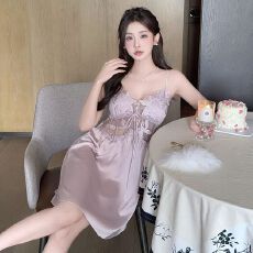 批发带胸垫冰雪丝吊带<b class='q'>睡裙</b>女夏蕾丝镂空高级<b class='q'>睡裙</b>睡袍凉感两件套家居服