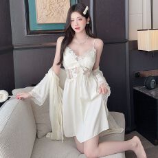 批发带胸垫冰雪丝吊带<b class='q'>睡裙</b>女夏蕾丝镂空高级<b class='q'>睡裙</b>睡袍凉感两件套家居服