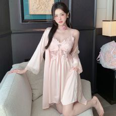 批发带胸垫冰雪丝吊带<b class='q'>睡裙</b>女夏蕾丝镂空高级<b class='q'>睡裙</b>睡袍凉感两件套家居服