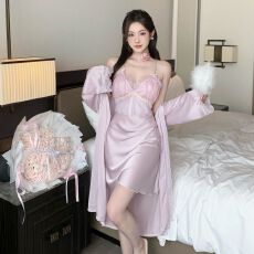 批发带胸垫冰丝吊带<b class='q'>睡裙</b>女夏季高级感蕾丝花边纯欲睡袍两件套装家居服