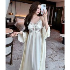 带胸垫冰丝吊带睡裙女夏高级感蕾丝花边气质长裙睡袍两件套家居服