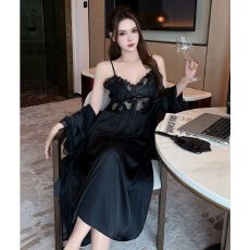 带胸垫冰丝吊带睡裙女夏高级感蕾丝花边气质长裙睡袍两件套家居服