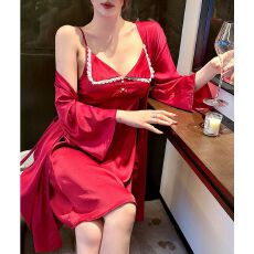 批发带胸垫冰丝吊带<b class='q'>睡裙</b>女夏高级感蕾丝花边气质长裙睡袍两件套家居服
