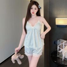 批发带胸垫冰丝吊带睡衣女夏季蕾丝花边高级感短裤两件套家居服可外出