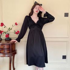批发带胸垫冰丝睡裙女<b class='q'>春</b>夏季高级感长袖蕾丝花边中长款V领气质家居服