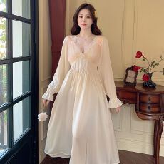 批发带胸垫冰丝睡裙女<b class='q'>春</b>夏季高级感长袖蕾丝花边中长款V领气质家居服