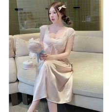 批发带胸垫冰丝背心睡裙女<b class='q'>春</b>夏季高级感蕾丝花边中长款V领气质家居服