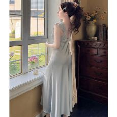 批发带胸垫冰丝<b class='q'>背心</b>睡裙女春夏季高级感蕾丝花边中长款V领气质家居服