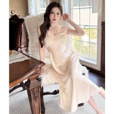 批发带胸垫冰丝<b class='q'>背心</b>睡裙女春夏季高级感蕾丝花边中长款V领气质家居服