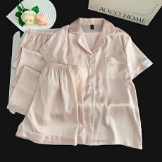 批发带胸垫冰丝短袖睡衣女夏季短裤卡通烫银长裤三件套装家居服可外穿