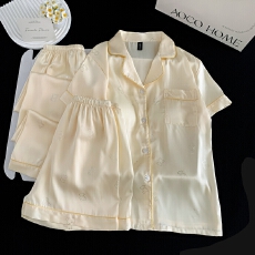 批发带胸垫冰丝短袖睡衣女夏季短裤卡通烫银长裤三件套装家居服可外穿