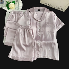 批发带胸垫冰丝短袖睡衣女夏季短裤卡通烫银长裤三件套装家居服可外穿