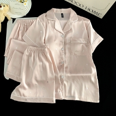 批发带胸垫冰丝短袖睡衣女夏季短裤卡通烫银长裤三件套装家居服可外穿