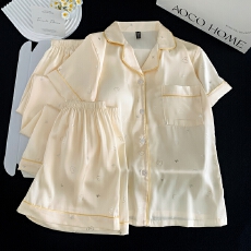 批发带胸垫冰丝短袖睡衣女夏季短裤卡通烫银长裤三件套装家居服可外穿