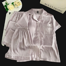 批发带胸垫冰丝短袖睡衣女夏季短裤卡通烫银长裤三件套装家居服可外穿