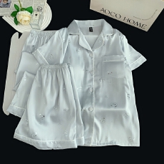 批发带胸垫冰丝短袖睡衣女夏季短裤卡通烫银长裤三件套装家居服可外穿