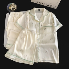 批发带胸垫冰丝短袖睡衣女夏季短裤卡通烫银长裤三件套装家居服可外穿