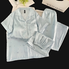 批发带胸垫冰丝短袖睡衣女夏季短裤印花气质长裤三件套装家居服可外穿