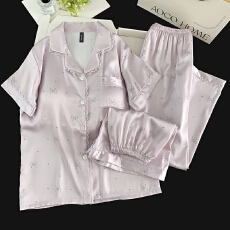 批发带胸垫冰丝短袖睡衣女夏季短裤印花气质长裤三件套装家居服可外穿