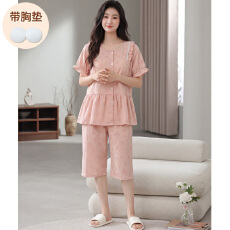 批发2026新款云朵棉睡衣<b class='q'>女</b>夏季圆领开衫短袖<b class='q'>七分裤</b>家居服不可拆卸胸垫