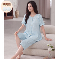 批发2026新款云朵棉睡衣<b class='q'>女</b>夏季圆领开衫短袖<b class='q'>七分裤</b>家居服不可拆卸胸垫