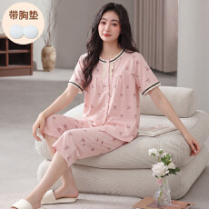 批发带胸垫睡衣<b class='q'>女</b>春夏季云朵棉短袖<b class='q'>七分裤</b>家居服开衫套装休闲可外穿