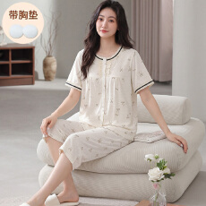 批发带胸垫睡衣<b class='q'>女</b>春夏季云朵棉短袖<b class='q'>七分裤</b>家居服开衫套装休闲可外穿